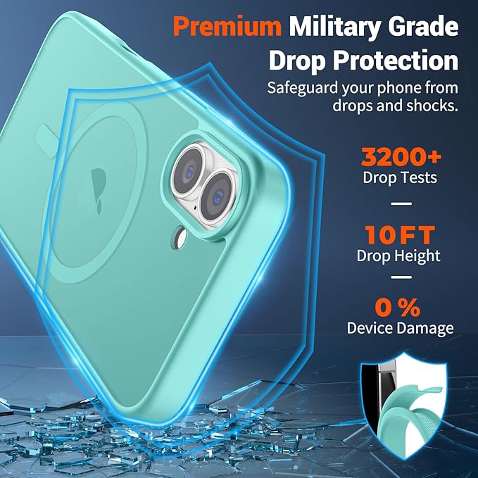 SUPFINE Magnetic for iPhone 16 Case (Compatible with MagSafe) (Military Grade Drop Protection) Slim Translucent Matte Shockproof with Anti-Fingerprint Phone Case, Blue Green