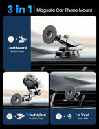 eSamcore for Magsafe Car Mount, Retractable Magnetic Car Mount for Dashboard & Windshield Vacuum Suction Cup Cell Phone Holder for iPhone 17 Pro Max 16 15 14 13 12 and Magsafe Case