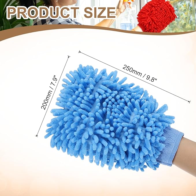 HARFINGTON 2pcs Premium Chenille Microfiber Car Wash Mitts 9.8" x 7.9" Scratch Free Wash Gloves Absorbent Double Sided Plush Cleaning Drying Mitts for Car Washing Home Light Blue