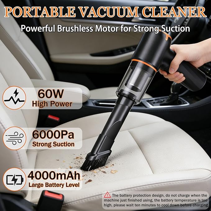 Car Vacuum Cleaner Portable Cordless with 6000PA Suction, Mini Handheld Vacuums Cleaner with Air Duster and Blower, High Power Hand held Cleaners for Car, Home, Office, Pet Hair, Keyboard