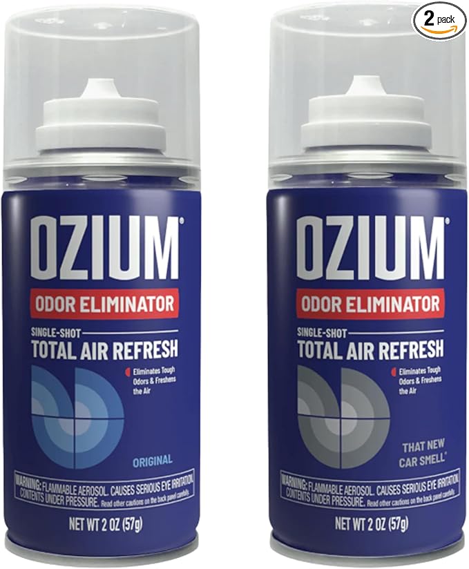 Ozium Air Sanitizer, 2 oz Car Fogger: Single-Shot Smoke Odor Eliminator & Car Air Freshener (Original+That New Car Smell, 2 Pack Variety)
