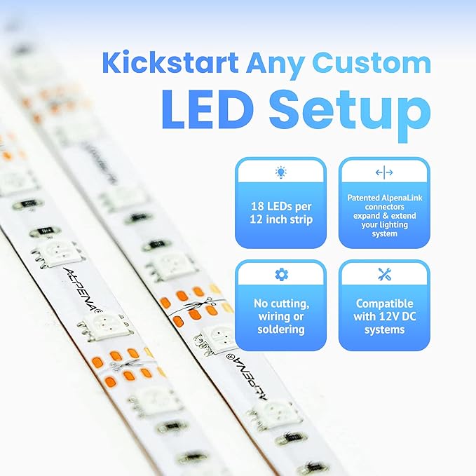 Alpena MAX LED Light Strip Starter Kit – EZ-Link Modular 12V Plug-and-Play Lighting for Cars & Trucks, Interior/Exterior Stick-On Light Bars, 2×12” Weatherproof Strips, Amber