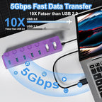 ONFINIO USB Hub 3.0, 7-Port USB Hub Splitter with Individual On/Off Switches and Lights, 3.2ft/1m Long Cable Compatible with MacBook, Laptop, Surface Pro, PS4, PC, Flash Drive, Mobile HDD-Purple