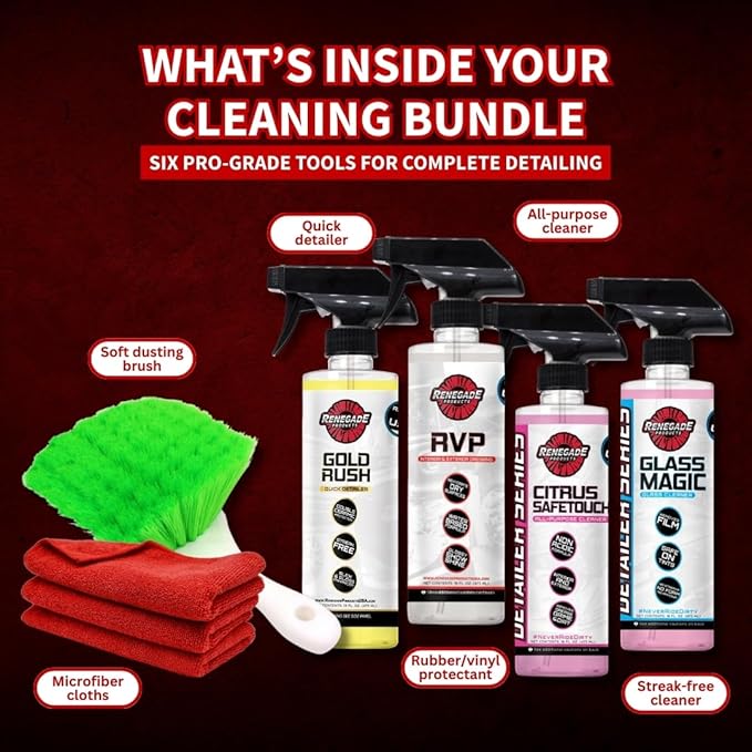 Renegade Essential Cleaning Bundle – Complete Car & Truck Detailing Kit with 4 Sprays, Microfiber Towels & Wheel Brush – Interior & Exterior Cleaner Set