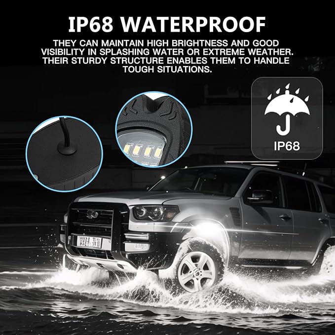 6 Pods Pure White LED Rock Lights, IP68 Waterproof Aluminum 6500K Bright White Underglow Light with Extension cord Harness,12V Metal Fender Lights for UTV ATV SXS RZR Car Golf cart Trucks Off Road Etc