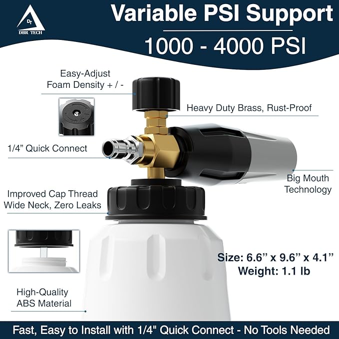 DBR Tech® Foam Cannon for Pressure Washer | Pro-Grade, 1.1mm Orifice, 1000-4000 PSI, Grey