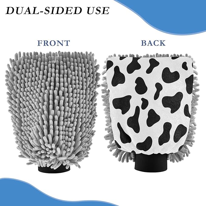 Qilmy Cow Print Pattern Microfiber Chenille Car Wash Sponge Scratch Free Car Wash Mitt Absorbent Mitt Sponge for Trucks SUVs Car Washing Home Cleaning, Large