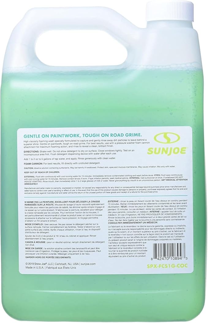 Sun Joe Snow Foam Car Wash Soap & Cleaner Concentrate, Coconut Scent, 1 Gallon - Cleaning Solution for Automotive Vehicles, Vinyl, Aluminum, Wood, & Brick Surfaces, SPX-FCS1G-COC