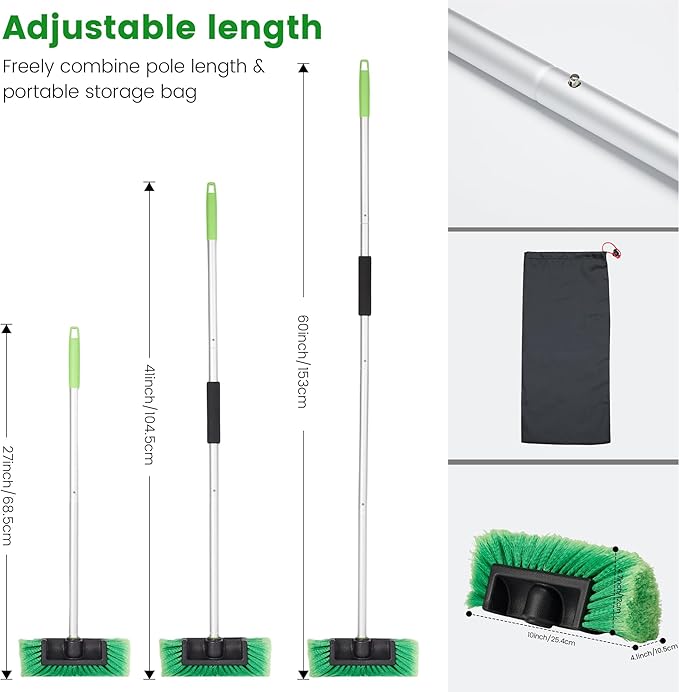 Car Wash Brush with Long Handle, 60'' Soft Bristle Cleaning Brush, Car Cleaning Brushes, Carwash Brushes for SUV, RV, Boat, Truck, House Siding, Sweep Snow, Green