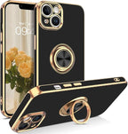 VENINGO iPhone 14 Case,Phone Case for iPhone 14,Slim Fit Soft 360° Ring Holder Kickstand Magnetic Car Mount Supported Easy Clean Shockproof Protective Cover for iPhone 14 6.1" 2022, Black/Golden