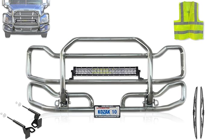 Compatible with Freightliner Cascadia 2008-2017 Front Grille Deer Moose Brush Bumper Guard Large with 22" LED Light Bar Plus Bracket, Logo, 2X 22'' Wipers, License Plate Holder and Frame and Vest