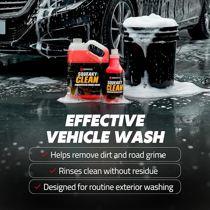 Briggs Squeaky Clean Hyper Concentrated Vehicle Wash – High Suds Car Wash Soap with Easy Rinse, Spot-Free Shine, Safe on Paint, Plastic & Metal – 34 oz