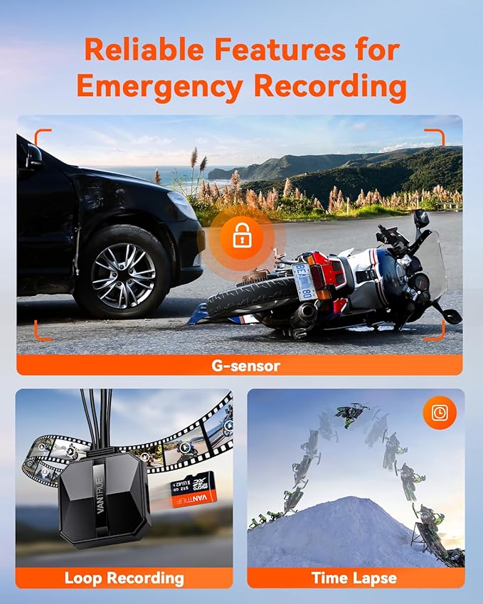Vantrue F1 Motorcycle 4K Dash Cam Front and Rear, 4K + 1080P Motorcycle Camera, Full Body IP67 Waterproof, GPS Wi-Fi, 160° Wide Angle, Wired Remote, Night Vision, G-Sensor (Renewed)