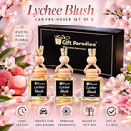Lychee Blush Car Air Freshener Set of 3 (10 ml Each), Hanging Diffuser Bottles with Wooden Cap, Exotic Fruity Floral Blossom Scent for Car, Home & Closet, Magnetic Gift Box