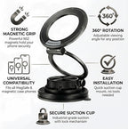 Magnetic Car Phone Mount, 0.83" Ultra-Slim Foldable Holder, [Vacuum Suction & Adhesive Pad] for Textured Dashboard/Windshield, 3-Joint Metal MagSafe Mount for iPhone 17 Pro Max/Pixel (Black)