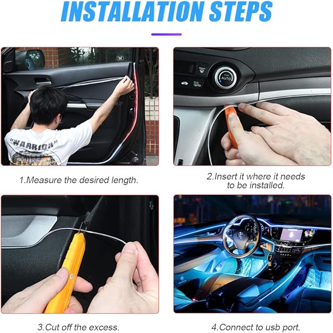 EL Wire LED Strip Lights, USB Auto Neon Light Strip with Sewing Edge, 16FT Electroluminescent Ambient Lighting Kit with Fuse Protection, Car Decoration Accessory (Blue/16FT)