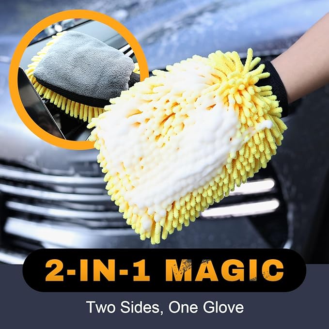 Premium Car Wash Mitts (2-Pack), Scratch-Free 2-in-1 Dual-Side Chenille Microfiber Gloves for Auto Detailing, Safe on Paint, Glass, Chrome – for Cars, Trucks, SUVs, RV & Motorcycle (Yellow)