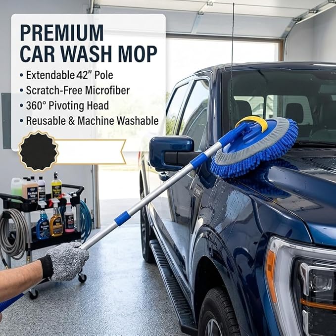 41" Car Wash Brush Kit Mitt Mop Sponge, Car Washing Mop with Scalable Long Handle, Chenille Microfiber Car Cleaning Brush Kit, Supplies Kit Car Care Kit of Scratch-Free for Car RV Truck Boat