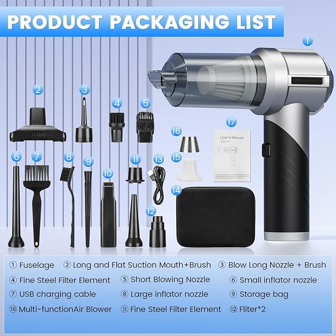 Car Vacuum Portable Cordless with 18000PA Super Suction, 4 in 1 Portable Air Blower/Car Vacuum 90°Foldable Handheld Rechargeable Brushless Motor, Gifts for Valentine's Day for Home, PC