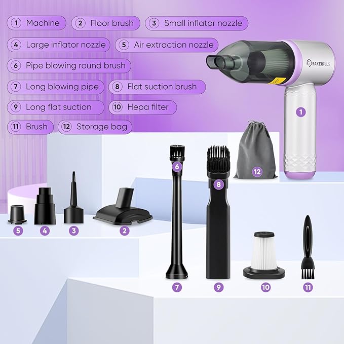 SakerPlus Mini Vacuum Cleaner, 3 in 1 Cordless Handheld Vacuum Cleaners, 18000Pa High Power Car Vacuum Cleaner with Brushless Motor,Adjustable Car Vaccum Portable for Cars,Desktop (Sliver and Purple)