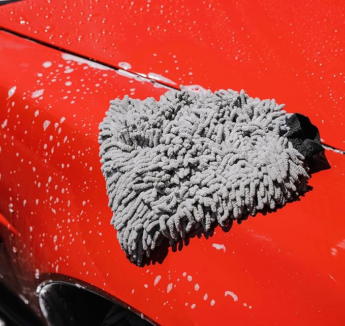 AvalonKing Microfiber Chenille Car Wash Mitt – Super Absorbent XL Microfiber Wash Mitt with Elasticated Wrist for Scratch-Free Cleaning – Machine Washable Washing Mitts – Car Cleaning Supplies