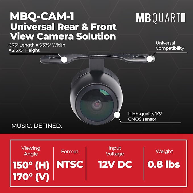 MB Quart MBQ-CAM-1 Auxiliary Camera Kit with Universal Mount, Works as Rear View, Reverse or Backup Vehicle Camera, 1/3" CMOS Sensor, IP67 Waterproof