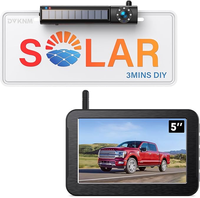 Solar Wireless Backup Camera, 1080P 5" IPS Monitor & Auto On Off Back Up Camera, 2 Mins Easy Setup Battery Powered Night Vision Waterproof, Reverse Camera for Car SUV Truck Van Trailer