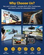 3 Channel Dash Cam with WiFi & GPS, Front and Rear/Inside, Voice Control 4K/2.5K+1080P+1080P Triple Dash Camera for Cars, 3" IPS Touch Screen, Free 32GB Card