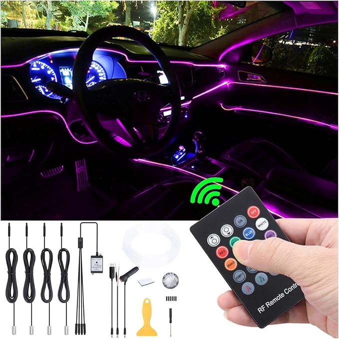 Car Interior Strip Lights, 4 in 1 Multicolor RGB Car Ambient Lighting Kit, 4m Fiber Optic EL Neon Tube Light, DIY Mode Music Sync RF Remote Control DC 12V