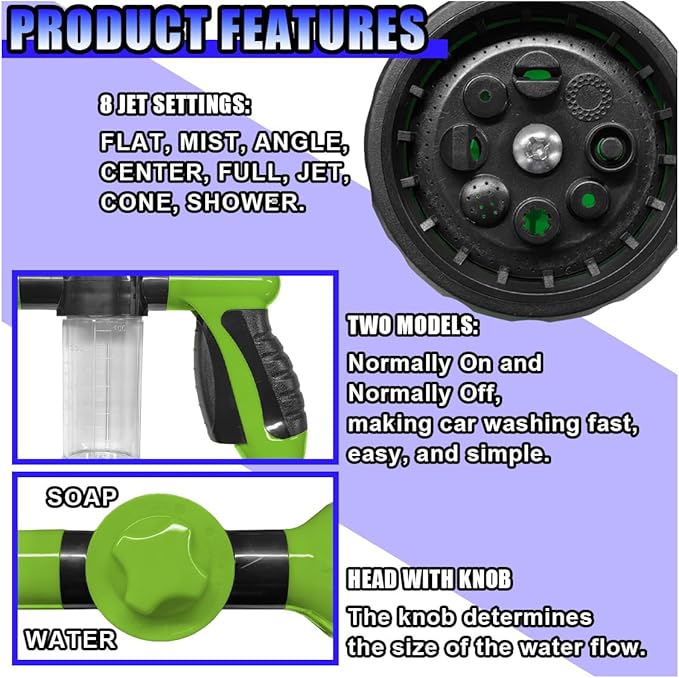High Pressure Car Wash Foam Gun, 8 Way Spray Pattern Garden Hose Nozzle with 3.5oz/100cc Soap Dispenser, Adjustable Hose Spray Nozzle for Car Washing, Pet Shower, House Cleaning (Green)