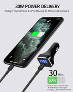 USB C Car Charger Adapter with Voltage Display, 30W Cigarette Lighter Type C Fast Charge Power Delivery & Quick Charge 3.0 (PD & QC), Volt Meter Battery Monitor, Compatible with iPhone Galaxy