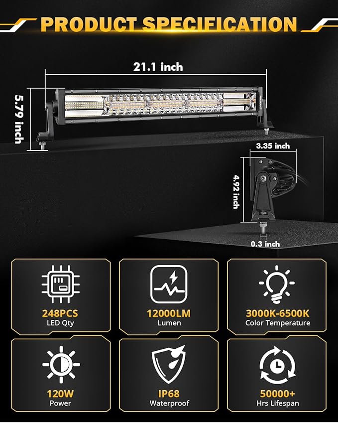 Auxbeam 22 Inch LED Light Bar, 120W 6 Modes Amber White Strobe Fog Lights, Spot Flood Combo Memory Function Offroad Driving Work Ditch Light for Truck Car ATV