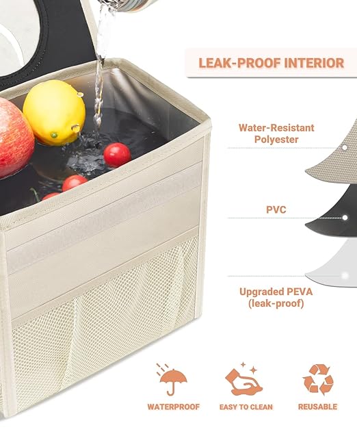 Capolo Car Trash Can with Lid, Leakproof Car Trash Bag Hanging Waterproof Automotive Garbage Can with Storage Pockets Mini Vehicle Trash Bin for Back/Front Seat(Beige,2.5 Gallon)