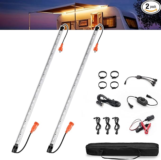 FIERYRED 2PCS 12V Dimmable LED Camping Light Bars IP67 Waterproof & Dustproof, Built-in Magnets & Velcro Mount, Aluminum Lighting Kit for Tent, RV, Awning, Roof Rack, Vehicle, Amber
