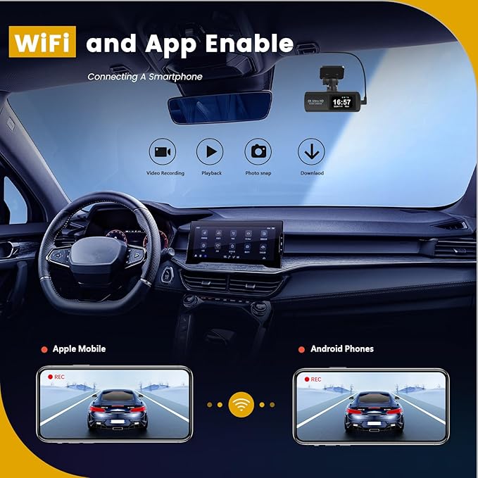 4K Dash Cam with WiFi, 4K Front+1080P Rear, Dual Camera, Gravity Sensing, Parking Monitoring, Loop Recording, Night Vision, Parking Mode
