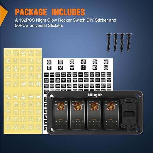 Nilight 4 Gang Rocker Switch Panel with PD Type C and USB Charger Voltmeter 12V SPST ON Off Toggle Switches with Orange Backlit Waterproof Aluminum for Boats Cars RVs Trucks