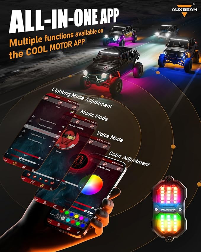 Auxbeam 4 Pods RGB LED Rock Lights, Bluetooth& Remote Control Multi Color-Changing Wheel Well Lights w/Brake Mode, Music & Voice Sync Underglow for Trucks UTV Car Boat Waterproof, 1 Year Warranty