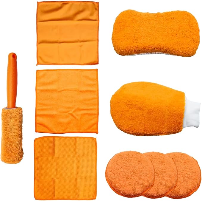Craedli 9PCS Car Wash Detailing Tool Kit, Car Wash Mitt, Microfiber Cloths, Cleaning Sponge, Wheel Brush, Wax Applicator Pad, Universal Auto Interior & Exterior Cleaning Supplies (Orange)