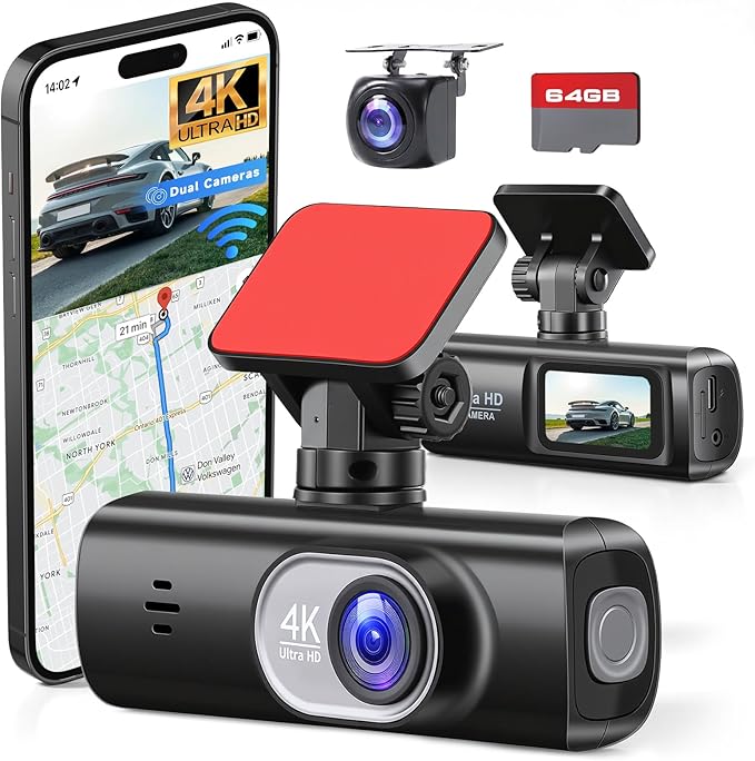 4K Dash Cam Front and Rear,WiFi Dash Camera for Cars with App Control Dual Dash Camera with Loop Recording,Night Vision,G- Sensor, 1.47" DashCam with 24H Parking Monitor+64GB TF Card