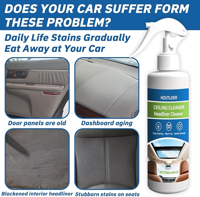 Car Headliner Cleaner, 256ML Multi-Functional Car Interior Roof Fabric Cleaner, Multi-Purpose Interior Stain Remover for Ceiling, Seats & Upholstery, No Rinse Required