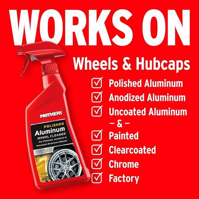 Mothers Polished Aluminum Wheel Cleaner, 24 oz. — Safely Cleans Uncoated Polished Aluminum & Anodized Wheels, Removes Brake Dust, Grease, Dirt & Grime, with Easy Spray-On, Hose-Off Formula (06024)