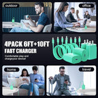 Essri Type C Charger Fast Charging for Samsung Galaxy S25/S24/S23/S22/Note 20,4Pack 25W Super USB C Fast Charger Block with (6ft+10ft) x2 Cables for iPhone 15/16 Pro Max/Plus, Android Phones - Green