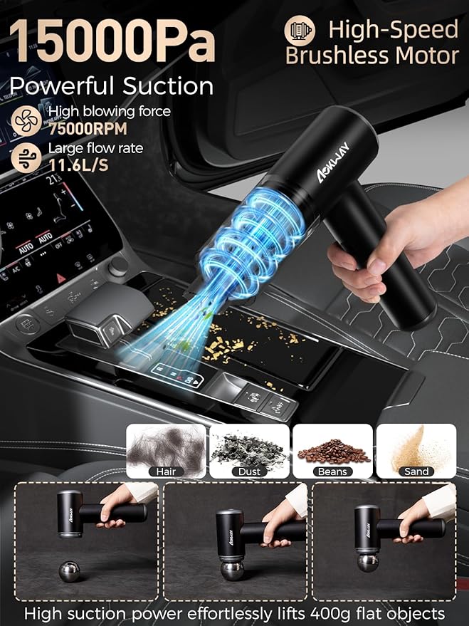 aokway Car Vacuum Portable Cordless 15000PA Powerful Suction, 7500mAh, 4-in-1, High Power Mini Vacuum Cleaner for Car, Home, PC, Keyboard, Desk Cleaning Small Handheld Rechargeable (Black)