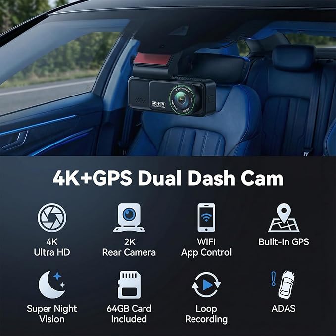 SIXTOP 4K Dash Cam Front and Rear, 4K+2K Dual Dash Camera for Cars, ADAS, 5.8GHz WiFi GPS 64GB Card Included, Night Vision, 3.16'' IPS Screen G-Sensor 24H Parking Mode Loop Recording Wide Angle