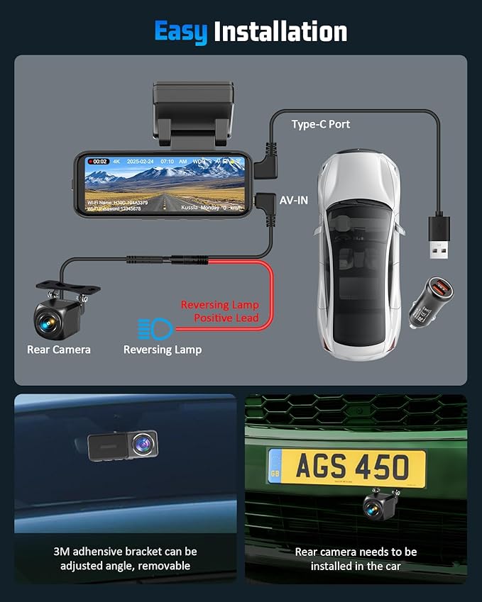 4K Dash Cam Front and Rear, 4K+2K Dash Camera for Cars with 5GHz WiFi & APP Control 64GB Included, 3.2" IPS Screen Dual Dashcam 24H Parking Monitor G-Sensor Night Vision Loop Recording