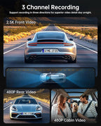 3 Channel Dash Cam Front and Rear, 1080P Dash Camera for Cars, Dashcam Three Way Triple Car Camera with IR Night Vision, Loop Recording, G-Sensor, HDR, 24 Hours Recording