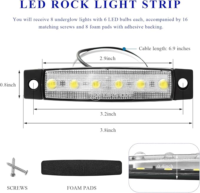 Sun Walker 8 PCS LED Rock Strip Lights, 3.77 Inch Waterproof 6 LED Car Side Marker Clearance Lamps, Wheel Fender Well Lighting Kits Exterior Underglows for Car Truck Trailer (White)