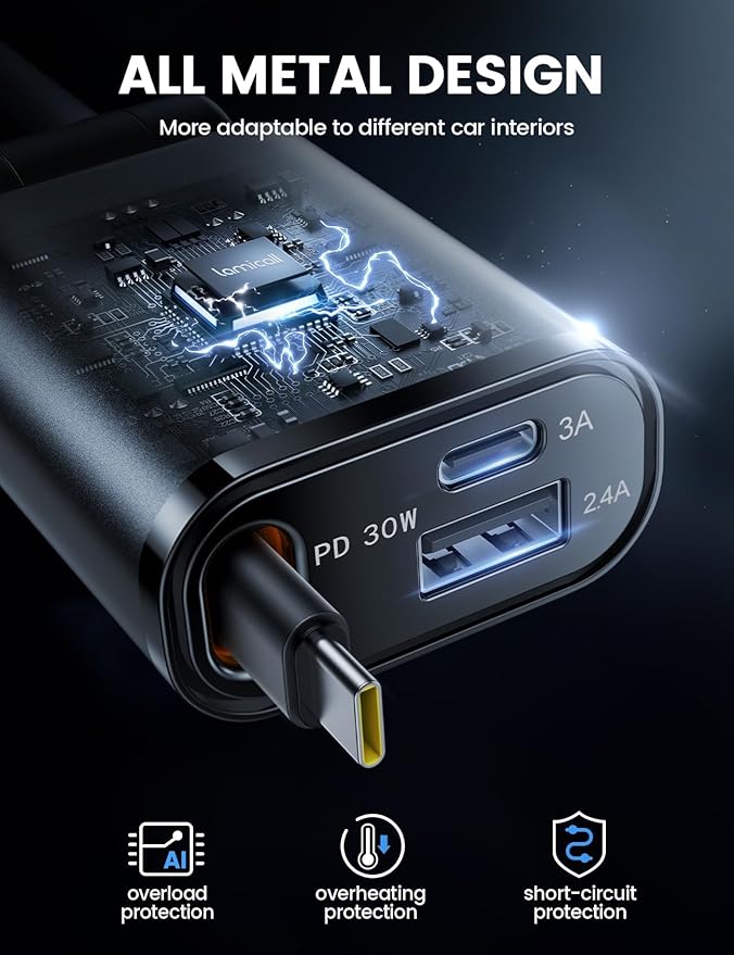 Lamicall Car Charger USB C Compatible with iPhone 17 16 15 Fast Charging [Ultra-Compact, 60% Less Space] 57w Type C Retractable Car Charger Fit Samsung Galaxy S25 S24 Ultra Pixel Android
