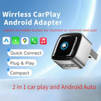 Car Play Wireless Adapter for Apple iPhone iOS 10+ & Cars from 2015+ Android 11+ Android Auto, Plug & Bluetooth Connect 2-in-1 Adapter Convert Wired to Wireless Dongle carplay (Metal Black)