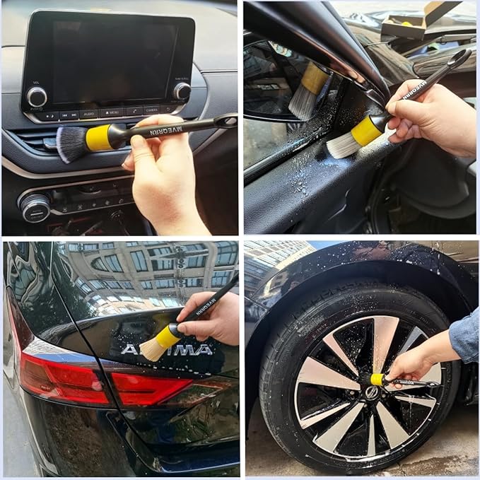 MVEQRRN 4pcs Car Detailing Brush Set, Boars Hair, Ultra Soft, No Scratch, Interior & Exterior, Includes 4 Different Brushes, Ergonomic Design, Multi-use for Vehicle, Bicycle, Motorcycle, Boat